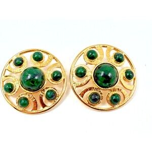 Vintage 80s Gold Tone Green Cabochon Statement Earrings Openwork Boho Luxe
